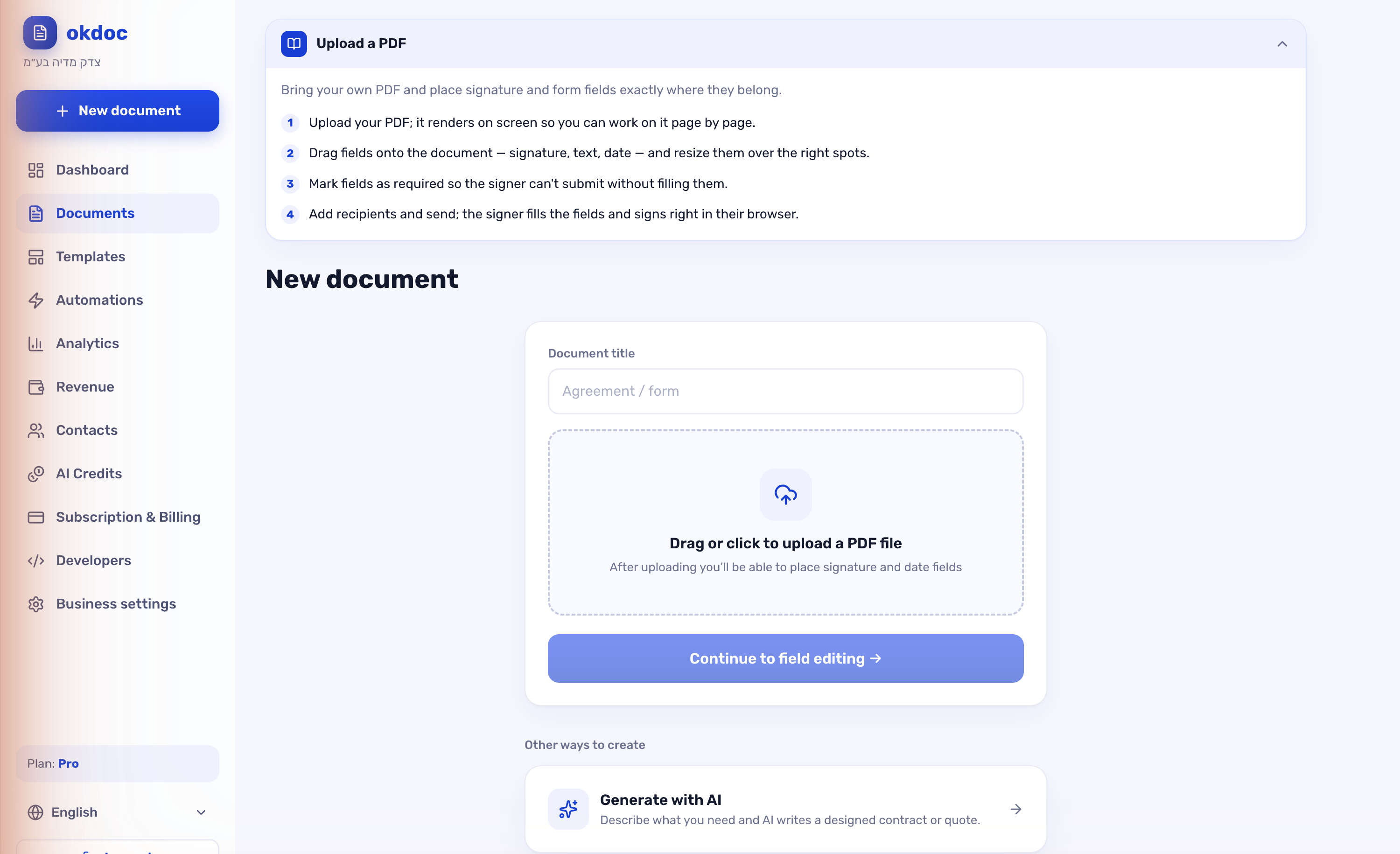 Upload a PDF in okdoc and place signature fields exactly where they belong