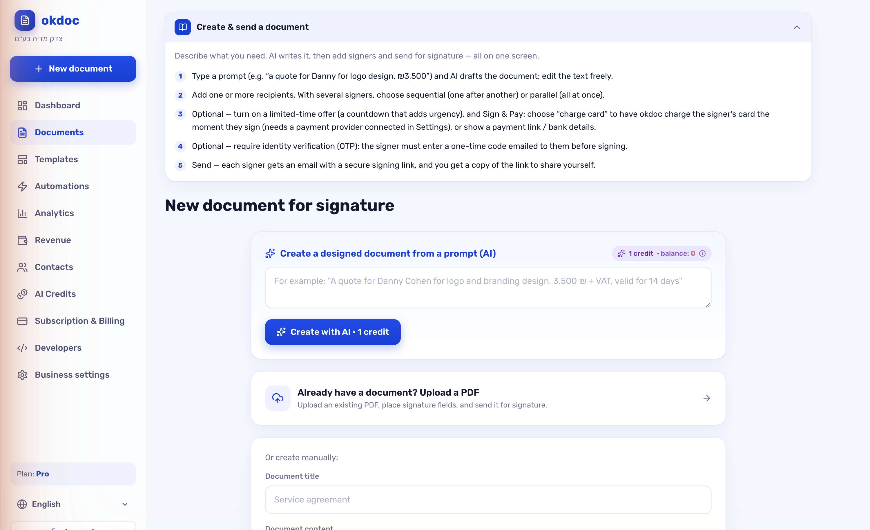 Generate a document with AI in okdoc from a single prompt
