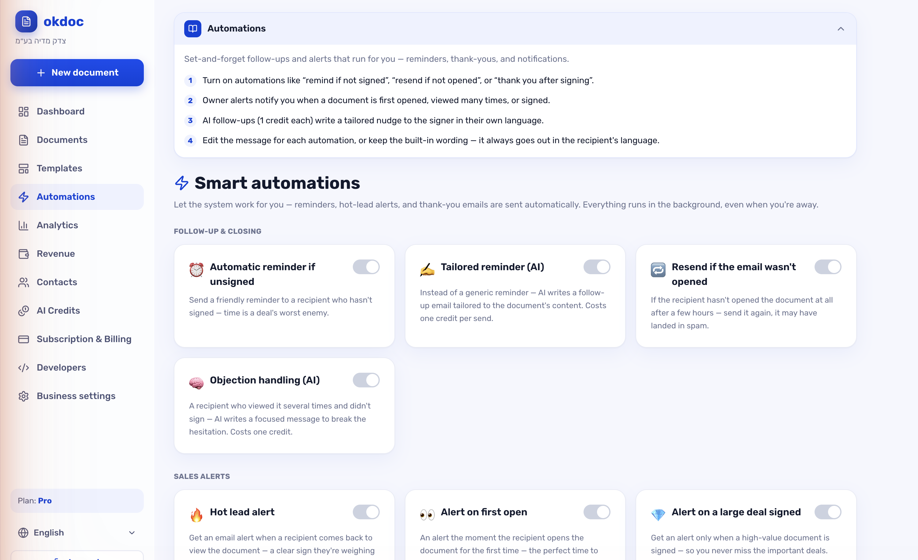 okdoc smart automations — reminders, hot-lead alerts and thank-you emails