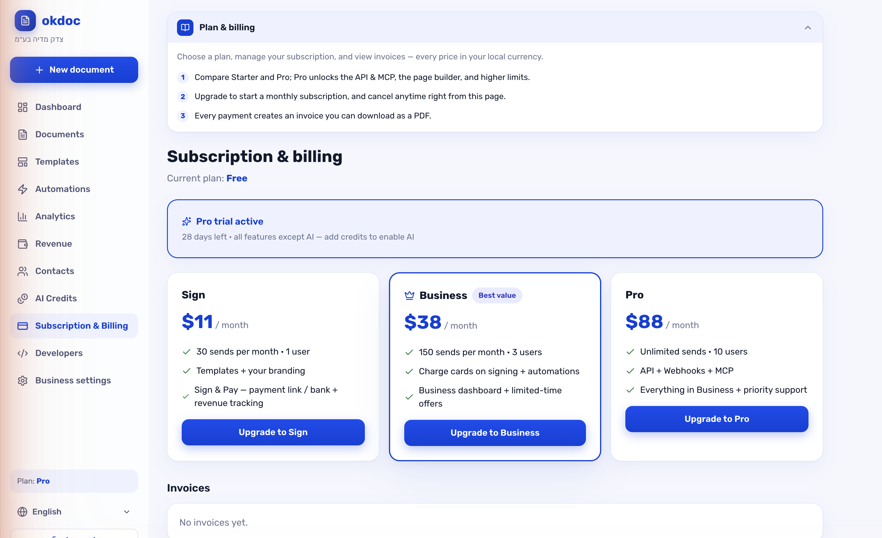 okdoc Subscription & Billing — choose a plan and enter the LAUNCH30 coupon